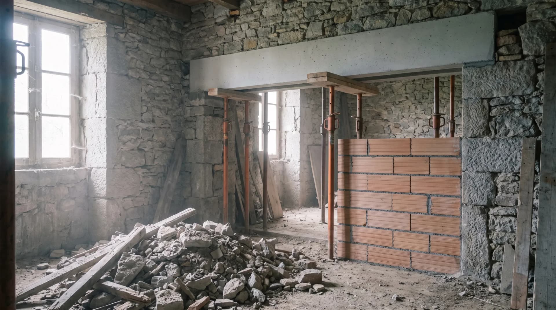 Ouverture créée dans un mur en pierre : linteau, étais et remplissage en brique
