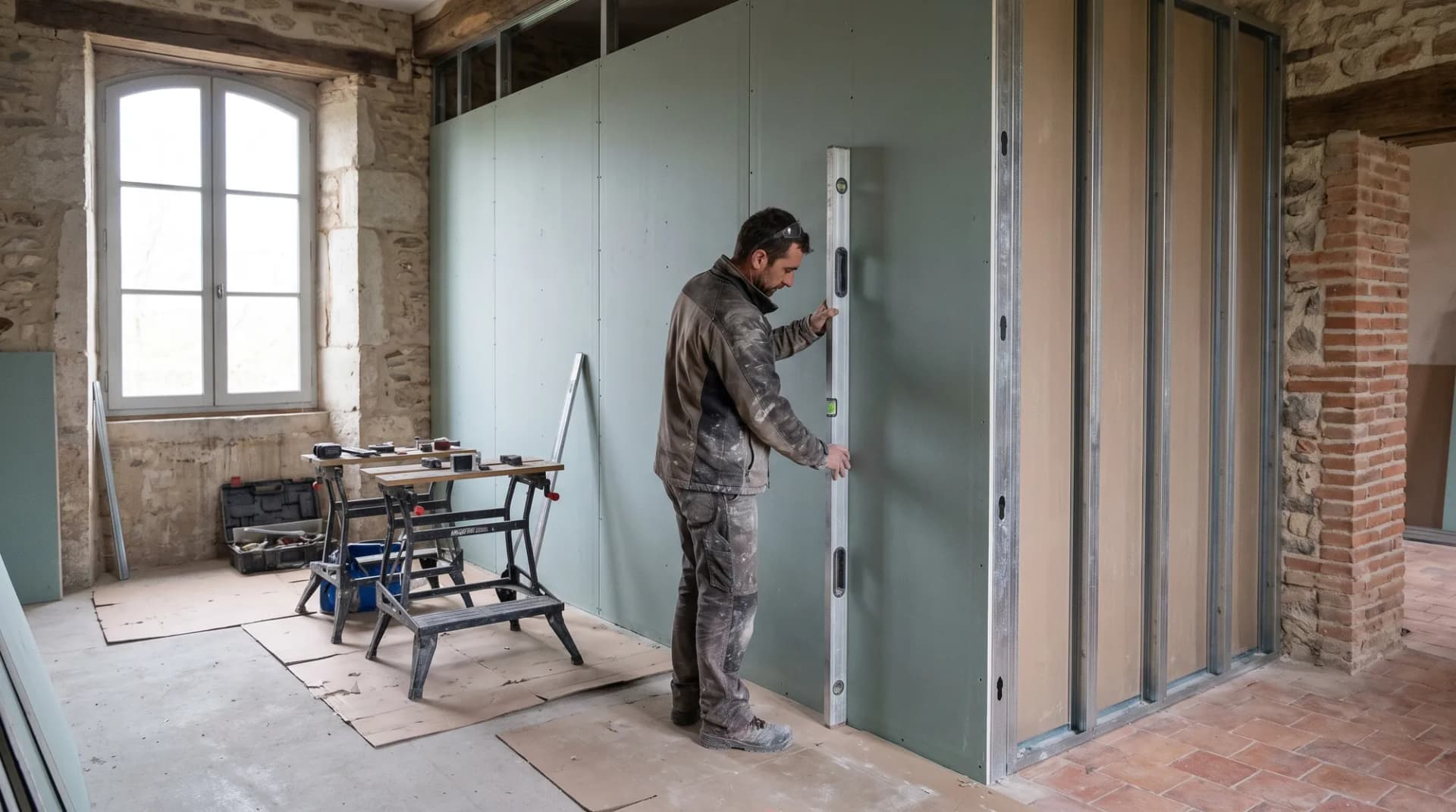Plaquiste contrôlant l'aplomb d'une cloison en plaques de plâtre